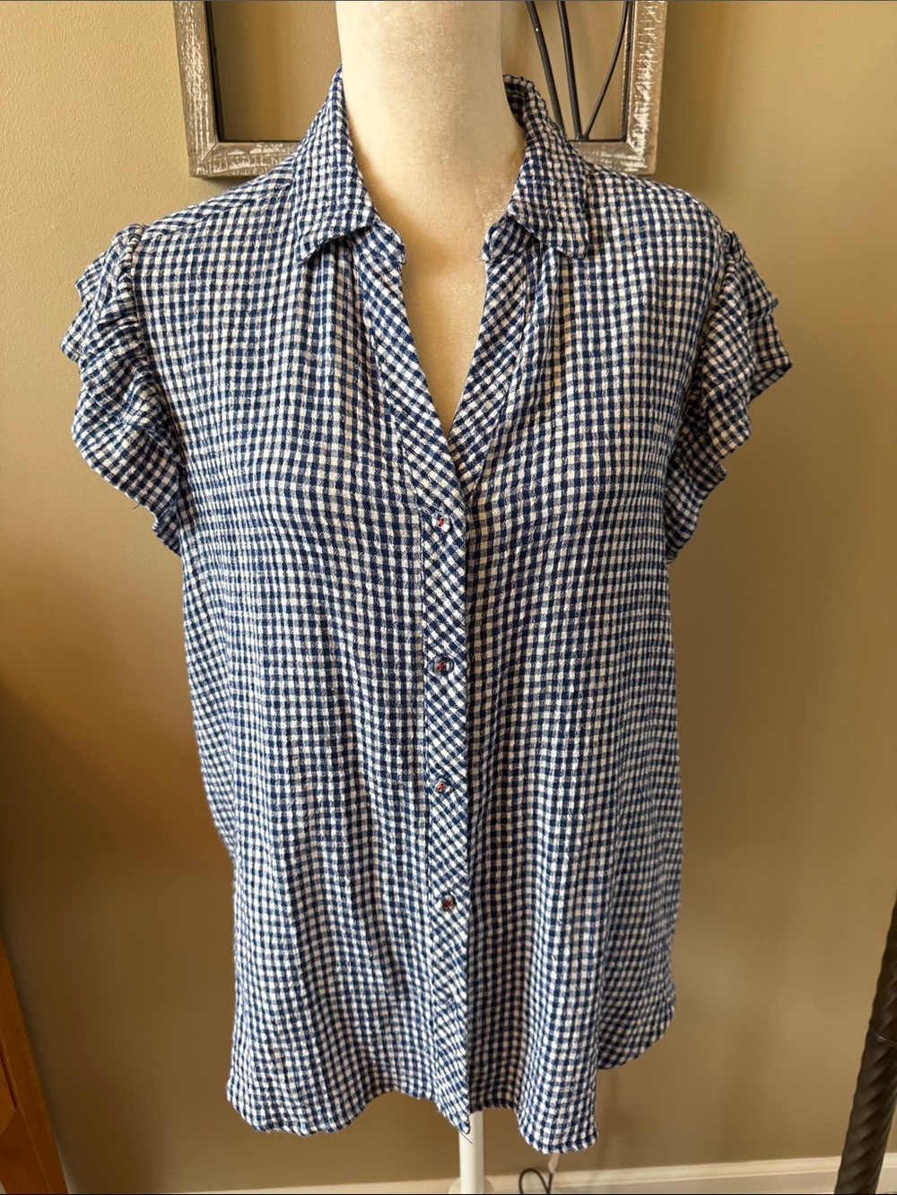 Jane and Delancey Navy & White Gingham Cap Sleeve Button-Down